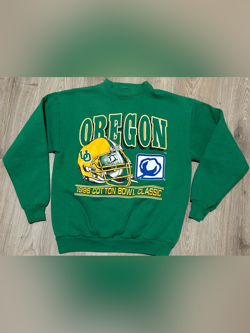Vintage green and yellow OU 1996 cotton bowl crewneck
